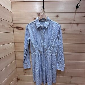 Elegant Blue Striped Long Sleeve Shirt Dress